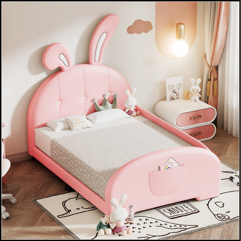 Lit princesse rembourré en forme de lapin, lit plateforme avec tête de lit et pied de lit pour un sommeil enchanteur, Rose