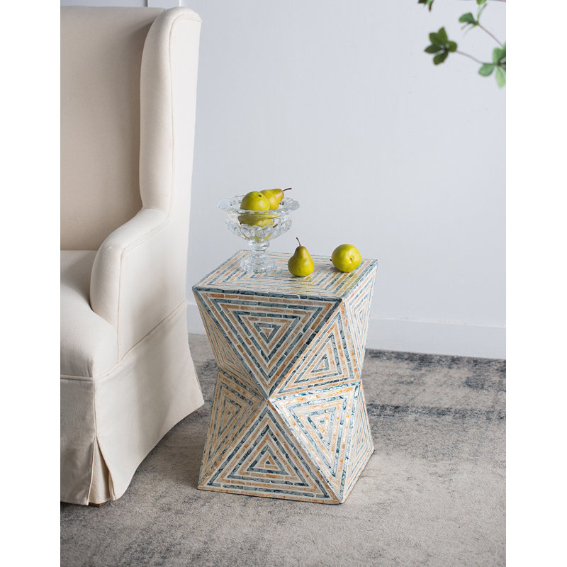 Geometric, Triangular Pattern Capiz Stool - Yellow, Blue Finish