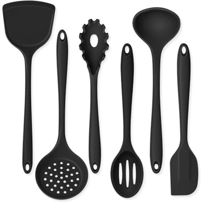 Ensemble de 6 ustensiles de cuisine en silicone noir, compatibles avec les poêles antiadhésives, non toxiques et lavables au lave-vaisselle.