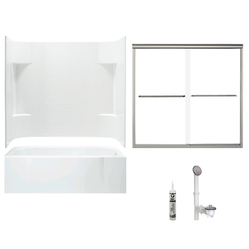 60" W x 74.25" H Frameless Rectangle Sliding Tub & Shower Kit with Towel Bar and Base Included, Nickel