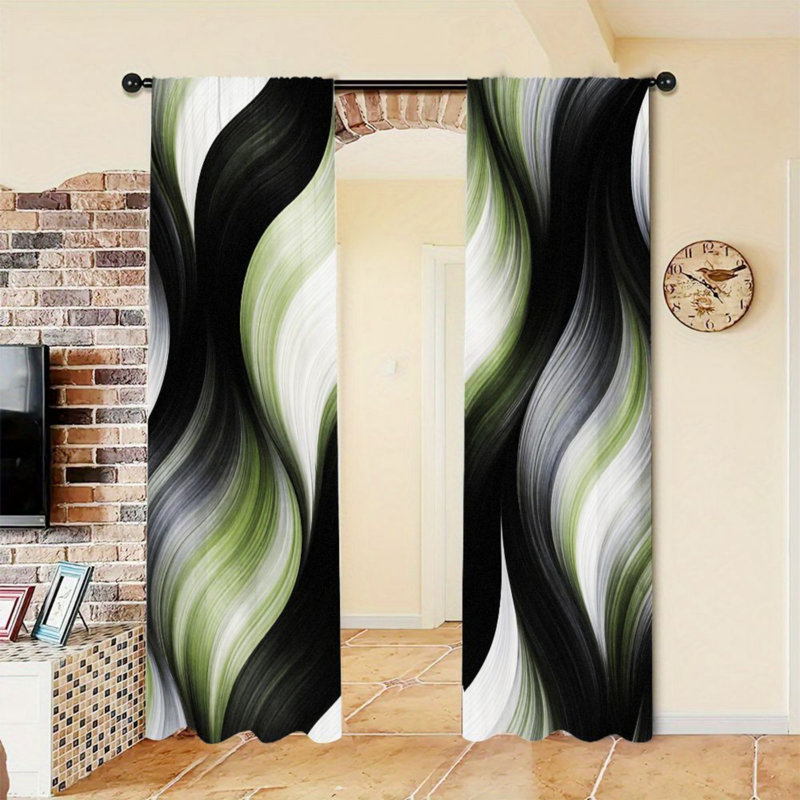 2PCS Abstract Swirl Decor Light Filtering Curtains with Black Green White Wavy Pattern, Modern Home Accent, Easy Hang Rod Pocket Design, All-Season for Living Room Bedroom Cabinet Decoration
