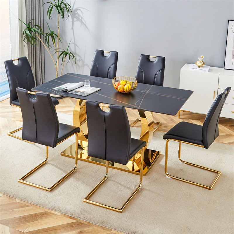 Ensemble de table de salle à manger 7 pièces avec base en métal, Noir, 7, Doré
