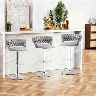 Velvet Bar Stools Set of 3, Counter Height Barstools with Low Back, Swivel Bar Stool with Silver Leg for Kitchen Island, Pub