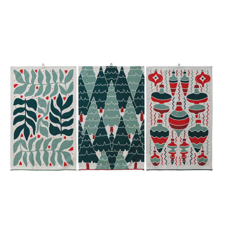 Serviette de thé en coton et en lin avec motif botanique / ornemental saisonnier et garniture de pompons (chacun peut varier) 