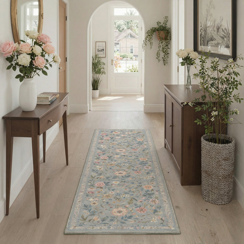 Abbey Blossom Floral Machine Washable Blue / Green / Beige Indoor Area Rug with Non-Slip Backing, Runner 2'6" x 8'