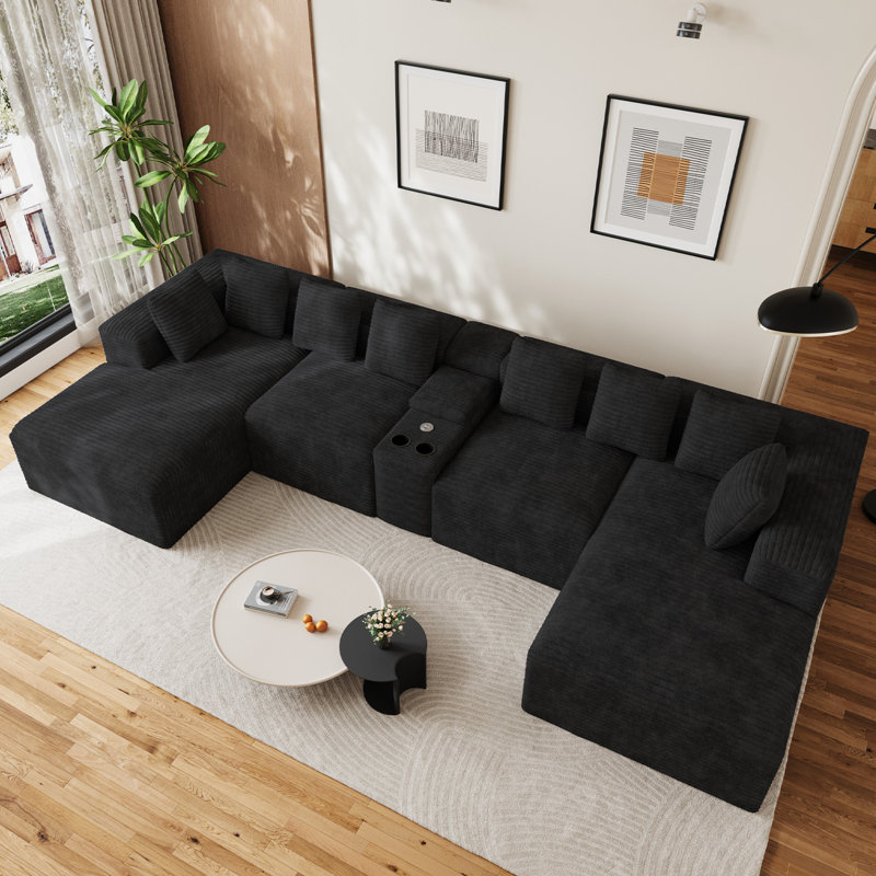 Boneless 143"W 5 - Piece No Assembly Required Sectional Sofa With Chaises, Console & Cup Holder, Black