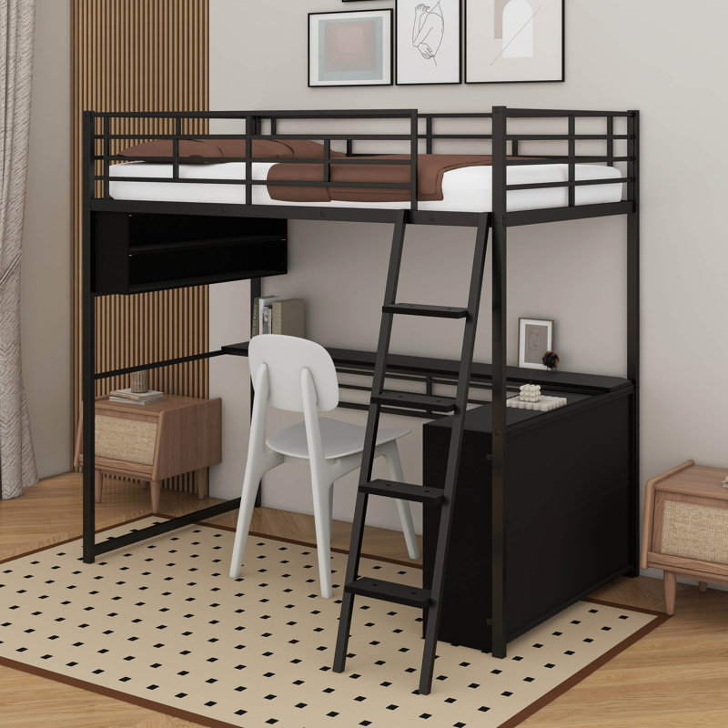 Twin Size Metal Loft Bed With LED, Desk And Storage Shelves, Twin