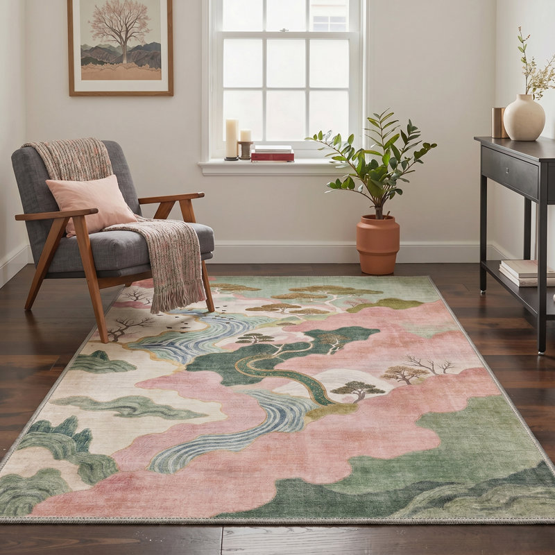 Ascentia Rustic Machine Washable Pink / Green / Beige Indoor Area Rug with Non-Slip Backing, Rectangle 6' x 9'
