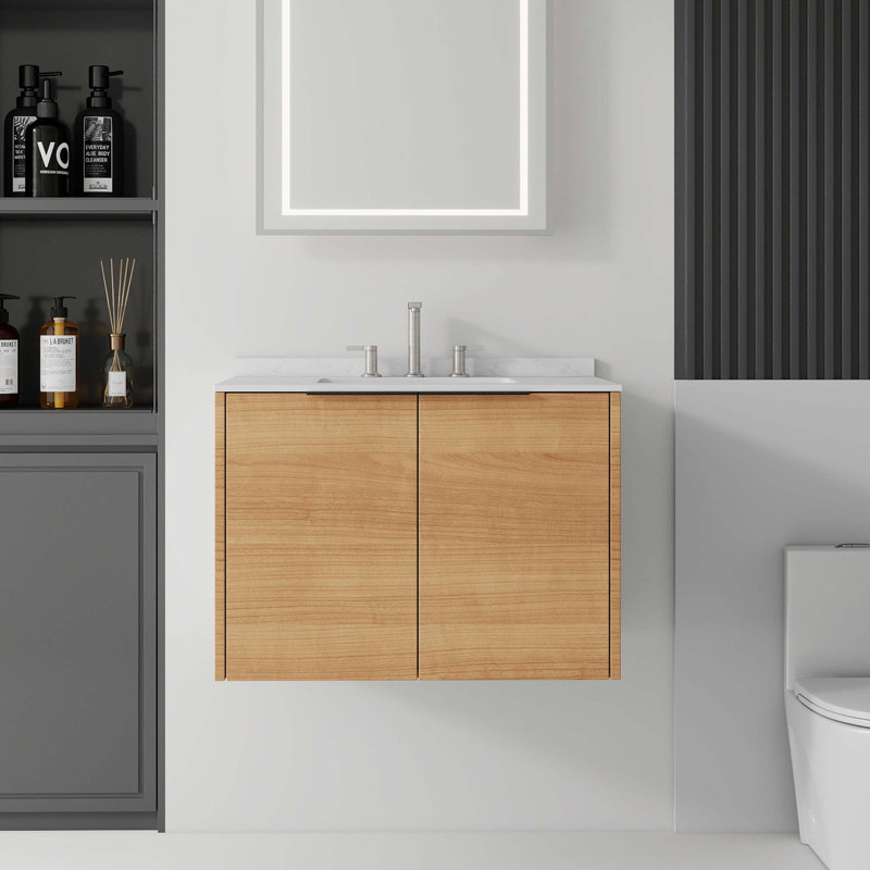 Meuble-lavabo flottant avec comptoir en marbre de culture et porte à fermeture en douceur, Oak