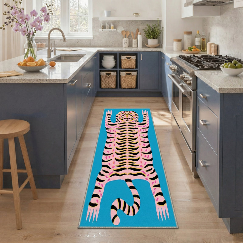 Kai Funky Tiger Animal Print Machine Washable Blue / Pink Indoor Area Rug with Non-Slip Backing, Runner 2' x 7', Nexus
