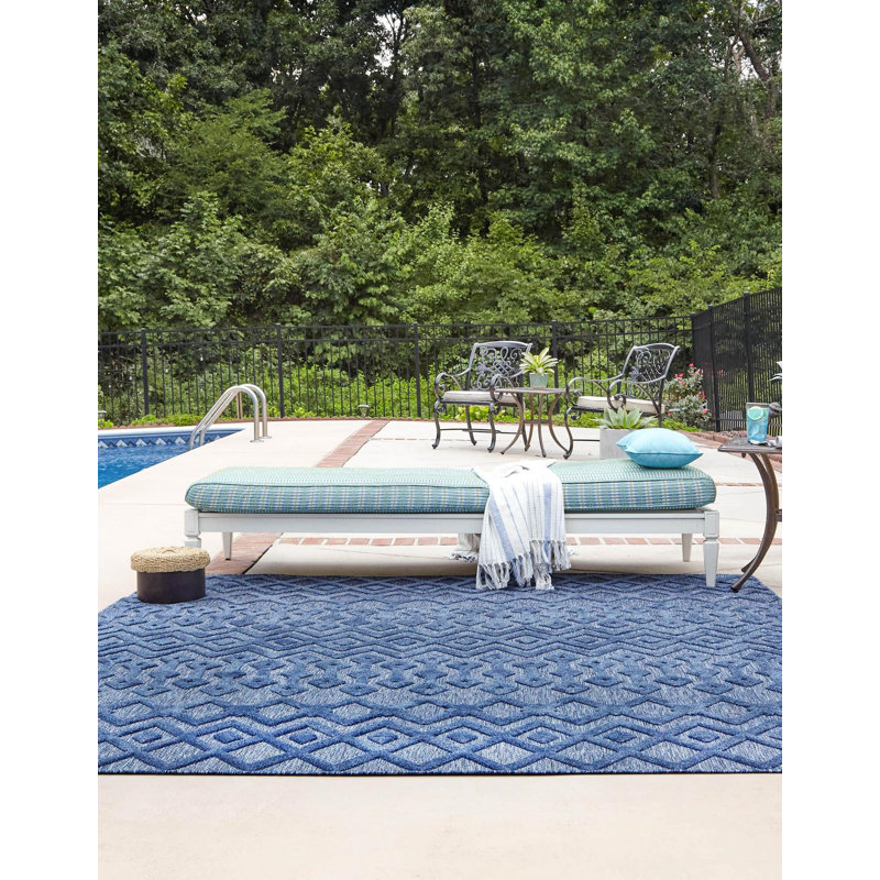 Tapis bleu marine à motif géométrique tissé à la machine Gries, Carré 7 pi 10 po