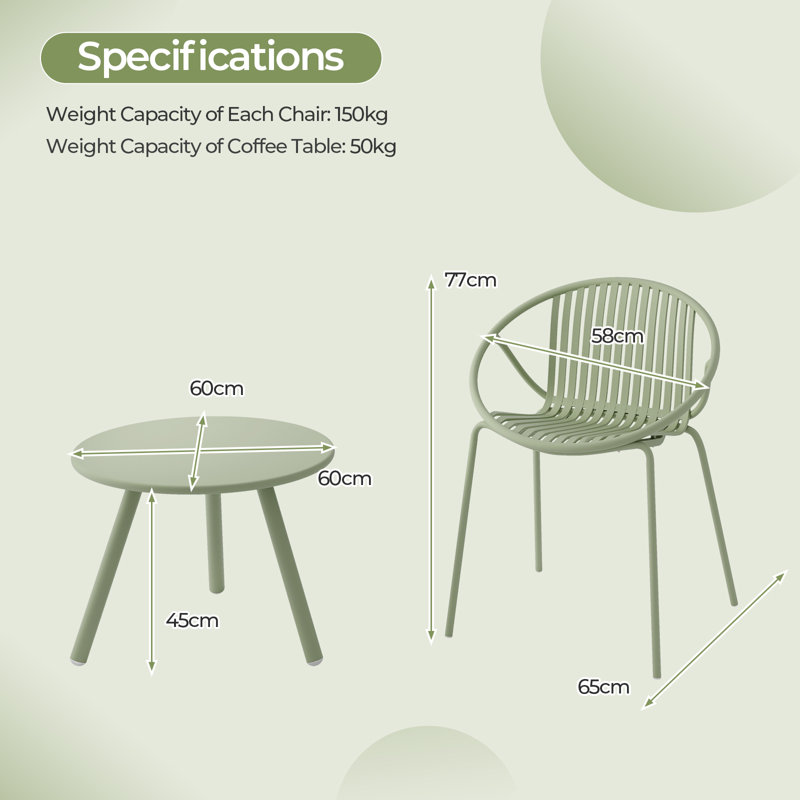 3 Pieces Bistro Table Set All Weather PP Patio Conversation Set-Green, Green