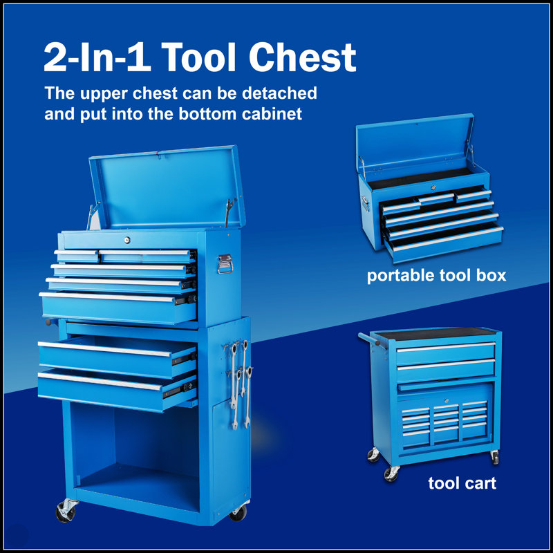 Coffre à outils, armoire de rangement à outils à 8 tiroirs avec coffre à outils amovible 2 en 1, doublure, roues verrouillables, crochets latéraux, chariot à outils en métal pour le garage