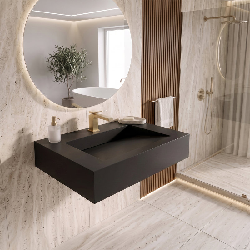 Lavabo de salle de bain mural rectangulaire à finition unie 30 po Pyramid, Noir, noir, noir, noir