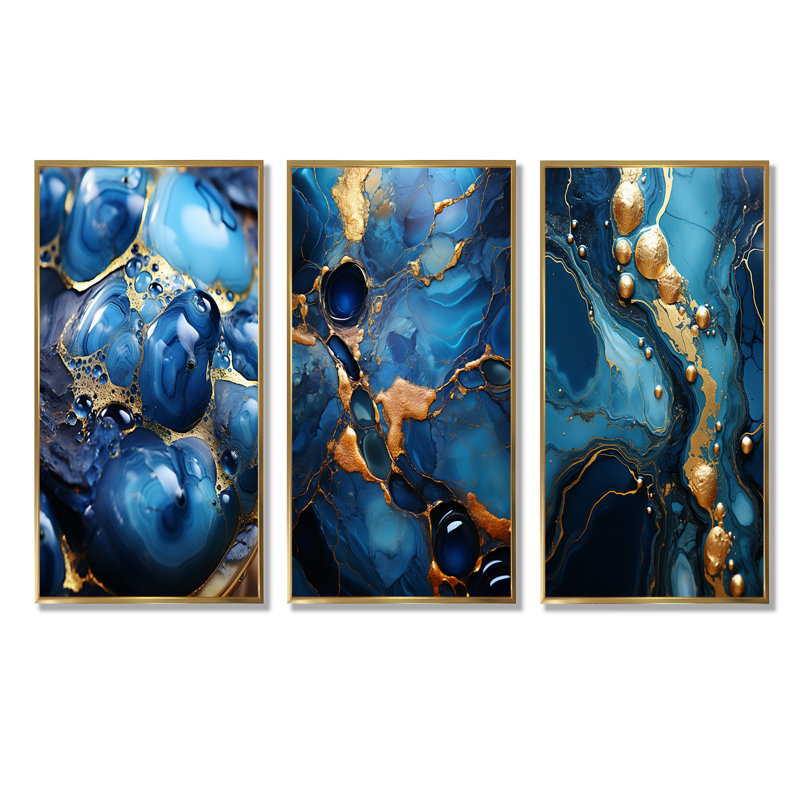 Or et saphir bleu mosaïque de marbre I - ensemble de 3 impressions sur toile abstraites, Cadre flottant doré