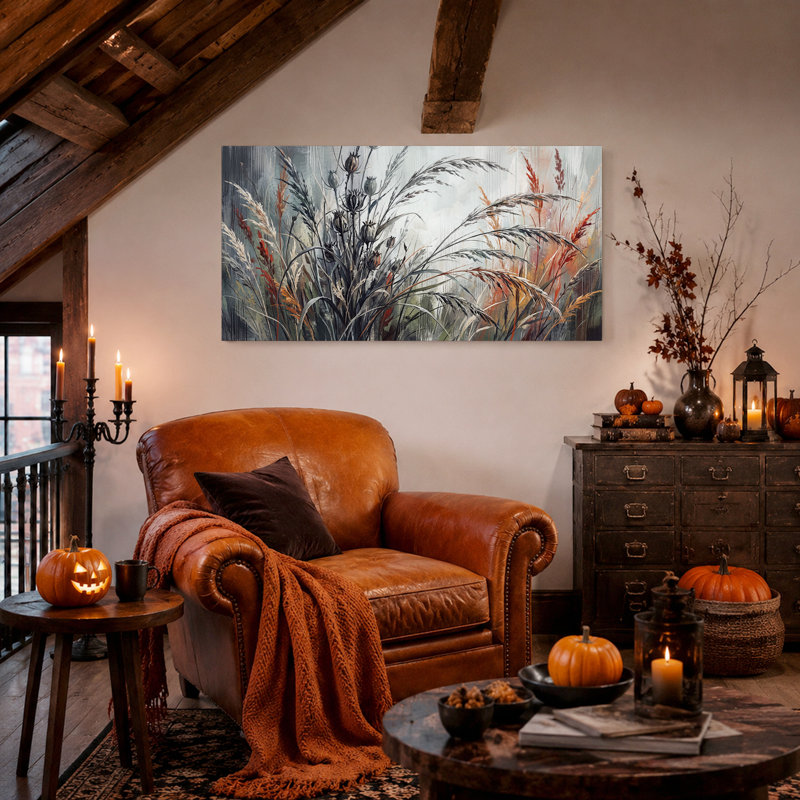 Toile murale d'Halloween : Hautes herbes et gousses de graines, rouille et gris, 58“W x 28”H