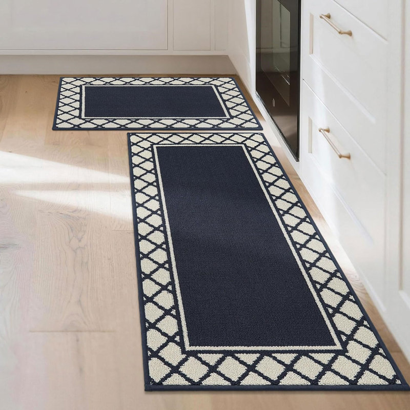 Gray Absorbent Kitchen Runner Rug Mats 2 Pieces for Kitchen, Nonslip TPR Backed Carpet Rugs, 50x76cm+50x122cm, Navy