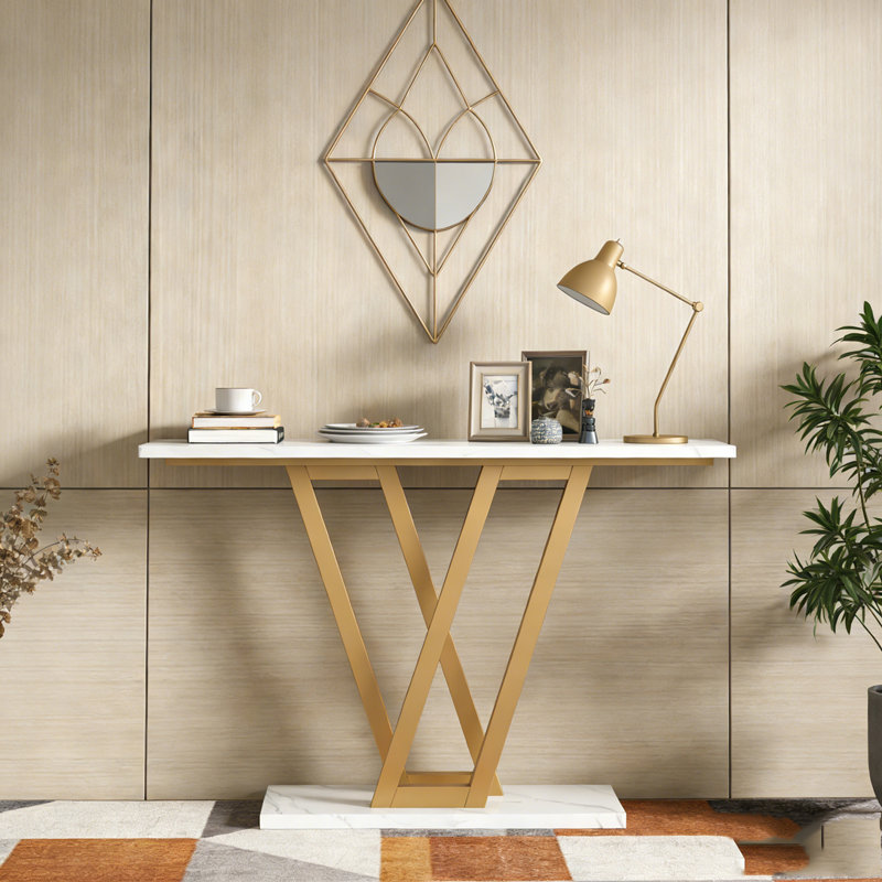 Modern Console Table With Faux Marble Top, Behind Couch Table, Marble White/Gold