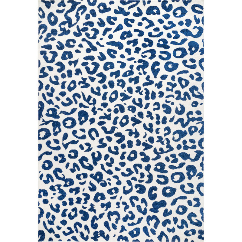 Modern Leopard Print Performance Blue/White Rug, Rectangle 8' x 10'