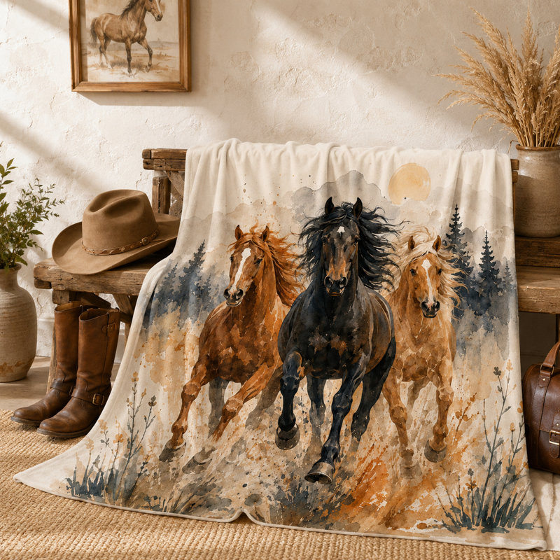 Couverture en flanelle à motif de cheval au galop avec aquarelle, forêt