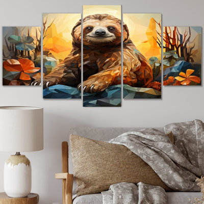 'Slumbering Sloth Geometric - Animals Wall Art Living Room - 5 Panels