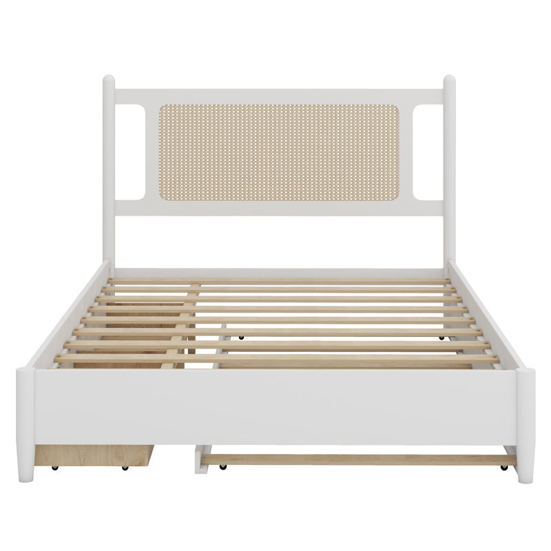 Lit plateforme en rotin de bois avec 2 grands tiroirs, lit gigogne, Blanc