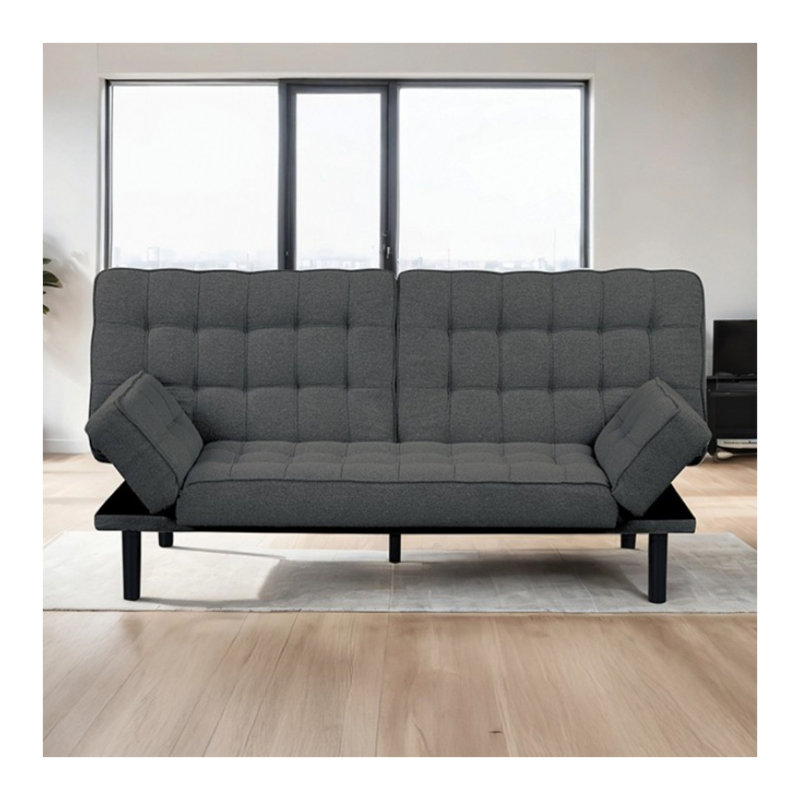 Futon-lit gris foncé avec siège et dossier capitonnés en biscuit - Accoudoirs réglables, canapé convertible pour le salon, design multifonctionnel contemporain