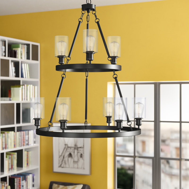 Nicolao 9 - Light Dimmable Wagon Wheel Chandelier, Clear, 6 Watt Vinage LED Bulb