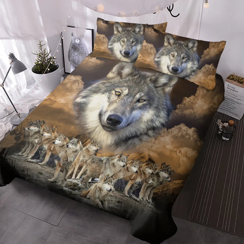 Ensemble d'édredon 3 pièces Wolf Pack Tribe, literie imprimée en 3D avec 1 édredon et 2 taies décoratives, édredon toutes saisons en microfibre brossée double douce