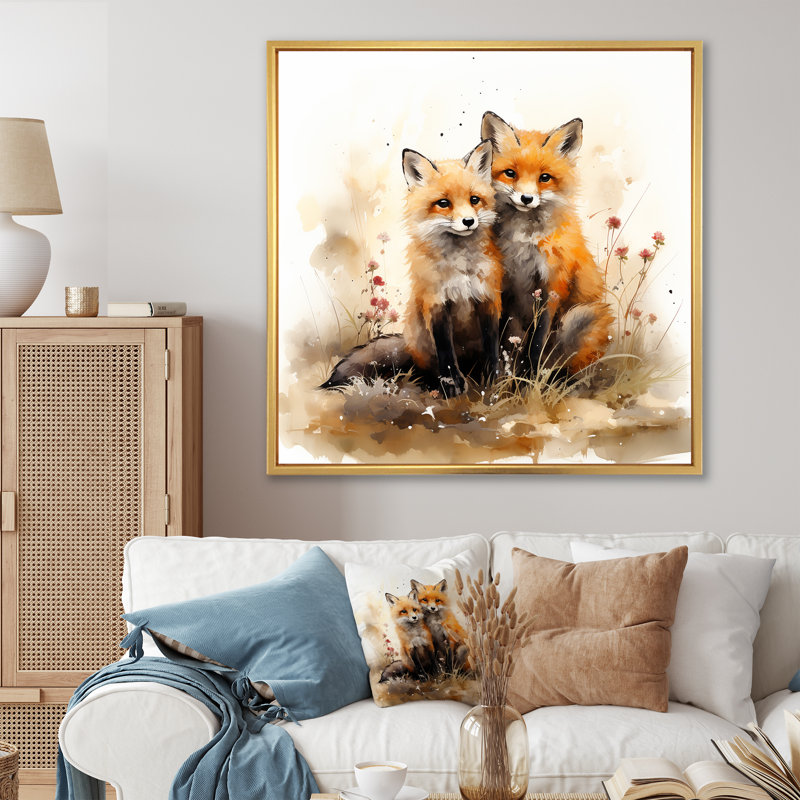 Renards, forêt élégante, grâce II - impressions sur toile, Cadre flottant doré, H 16 po x l 16 po x P 1 po
