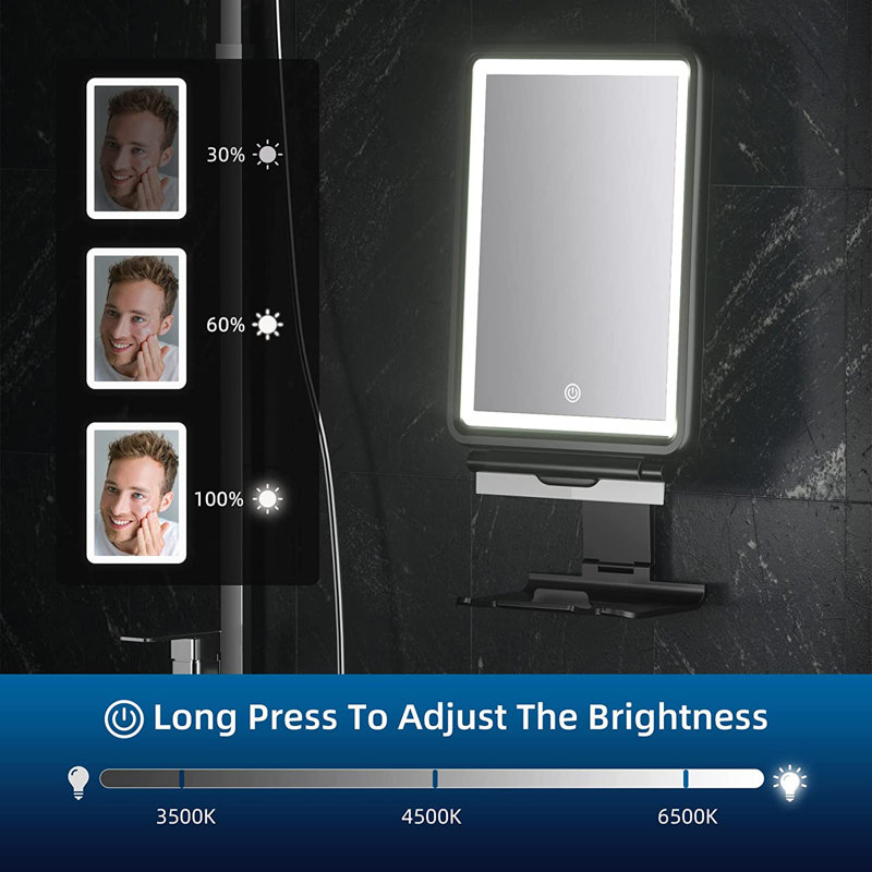 Brockley Rectangle Modern LED Lighted Wall Mounted Bathroom Vanity Shaving Shower Mirror, Black
