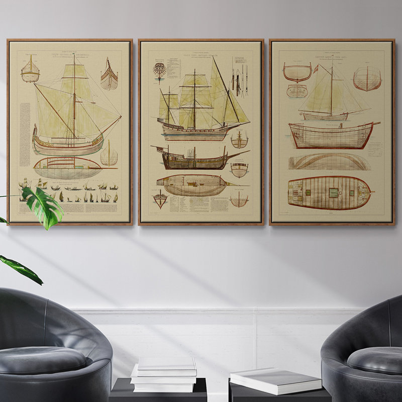 Antique Ship Plan I 3 pièces, H 27 po x l 54 po, Noyer