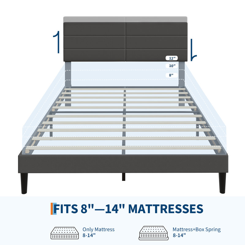 Grand lit plateforme tapissier avec tête de lit réglable, structure en tissu de lin et support à lattes de bois, conception silencieuse pour les chambres modernes