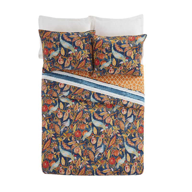 Peacock Garden 3-Piece 100% Cotton Reversible Quilt Set, King Quilt + 2 Shams