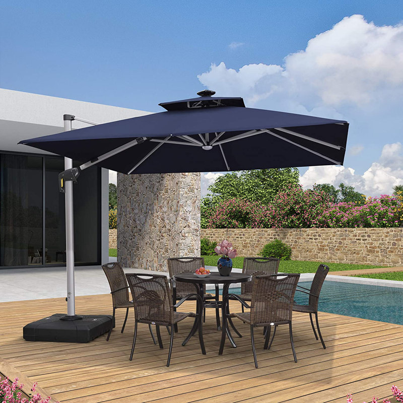 Parasol lumineux en porte-à-faux carré avec base 10 pi x 10 pi Lime, bleu marine, L 118 po x P 118 po, Marine