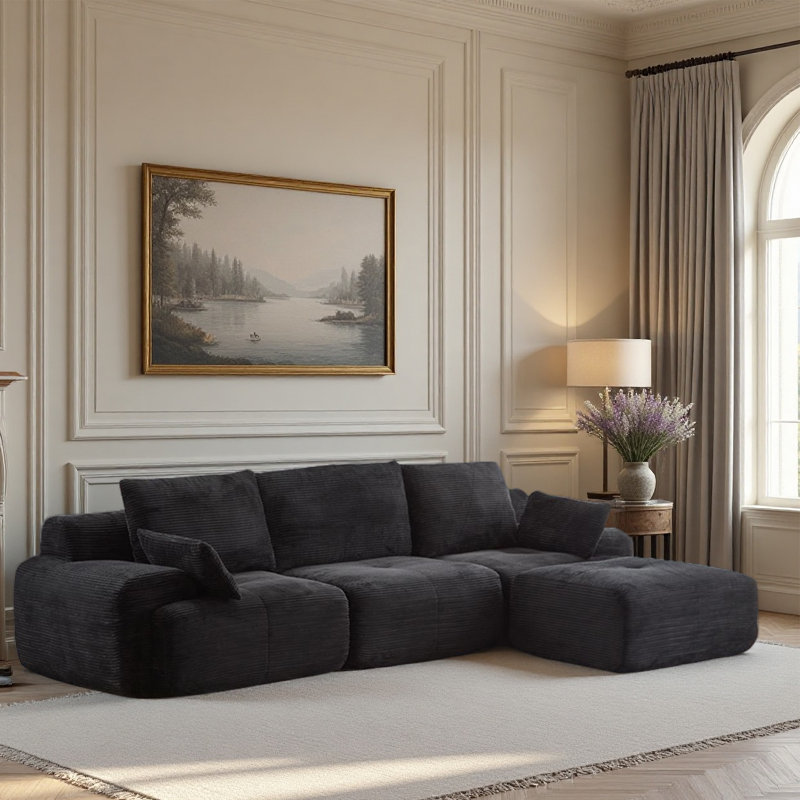 Canapé noir moderne en mousse à mémoire de forme compressée, grands canapés modulaires pour le salon, canapé modulaire Cloud pour animaux de compagnie, tissu en velours côtelé, causeuse très profonde, sans assemblage avec coussins