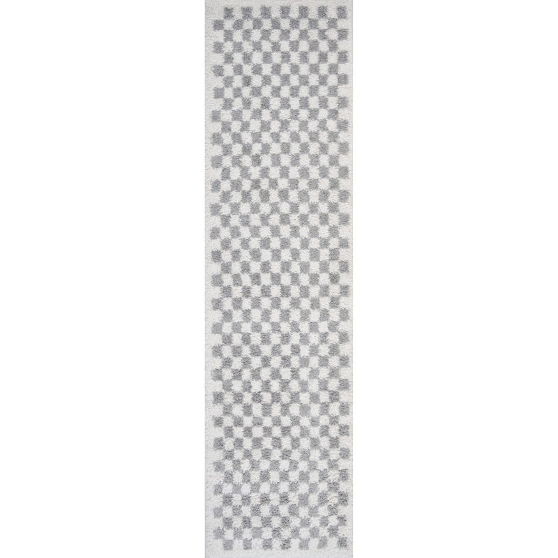 Moodi Modern Shaggy Area Rug Checkered Design, Off-White/Grey, Runner 80 x 300 cm