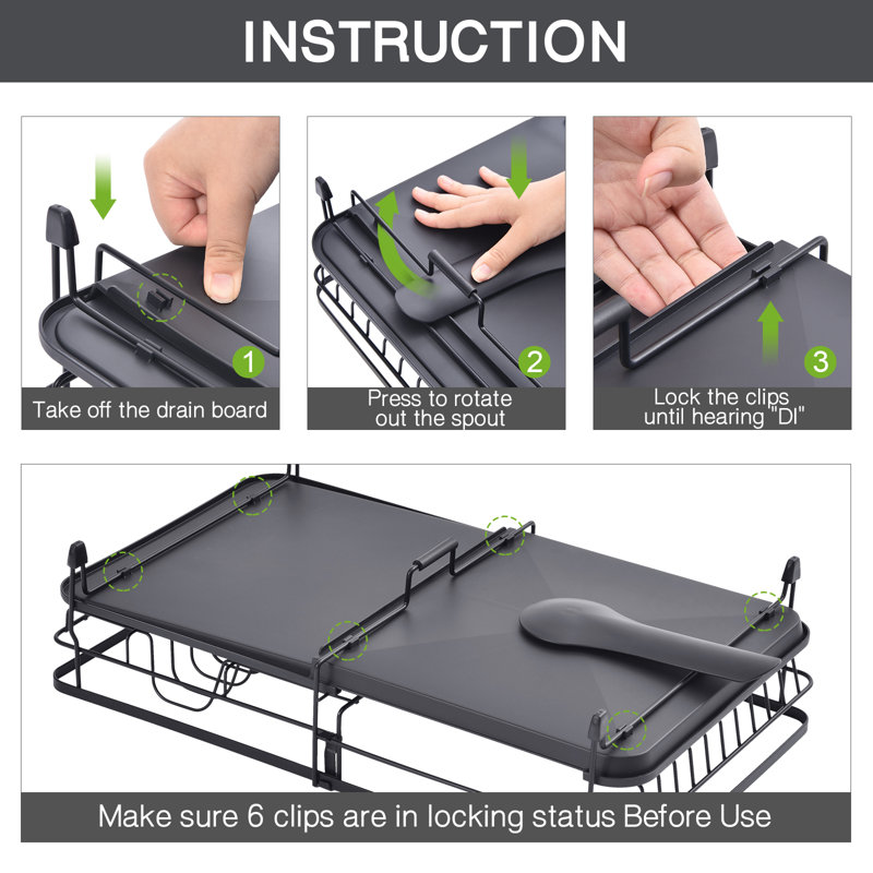 Dish Drainer Rack Kitchen - Adjustable Dish Rack, Foldable Dish Drying Rack with Removable Cutlery Holder Swivel Drainage Spout, Anti-Rust Plate Rack