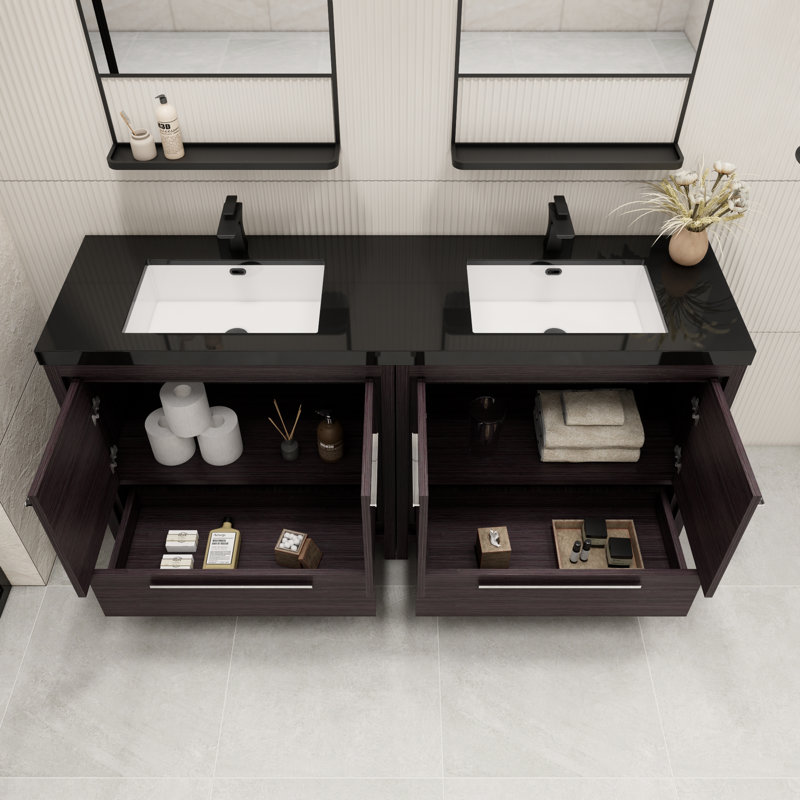 Catori 72" Double Bathroom Vanity Set, Black Gray Oak
