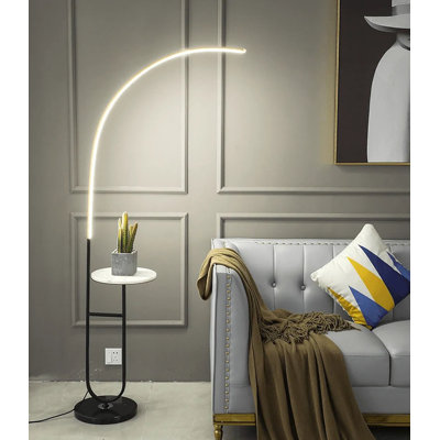 Crescenté Arc Floor Lamp With Remote Dimmable Led Adjustable Color Temperature Black Marble Base & White Tray Modern Home Lighting