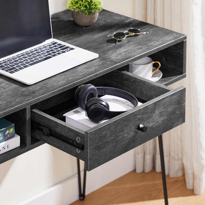 Kemah Wooden Computer Desk Rectangle Laptop Desk with Drawer and Open Shelf, Grey