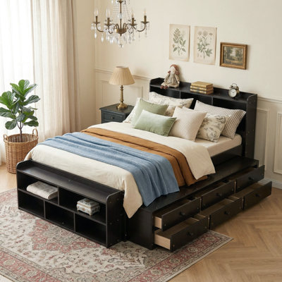 Full Size Solid Pine Wood Storage Bed With Bookcase Headboard, 6 Drawers & Bed-End Storage Case Space-Saving Platform Bed For Small Bedrooms