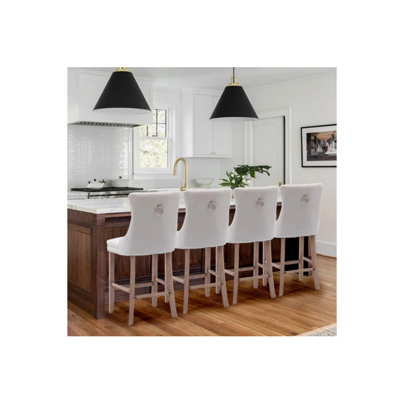 Upholstered Counter Stool with Solid Wood Frame, Beige, Beige