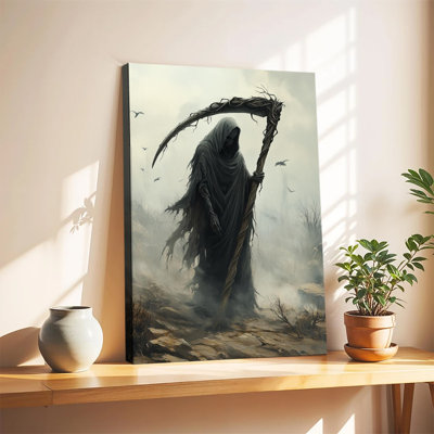 Grim Reaper With Twisted Root Scythe In Misty Desolate Landscape Dark Fantasy Art Large Gallery Wrapped Canvas Wall Art Print For Living Room Bedroom