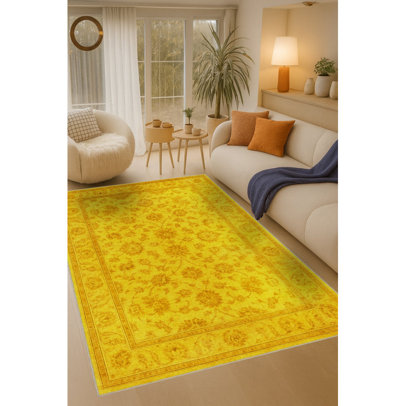 Tapis jaune tissé à motif floral lavable Mosso, 3'3" x 4'11"