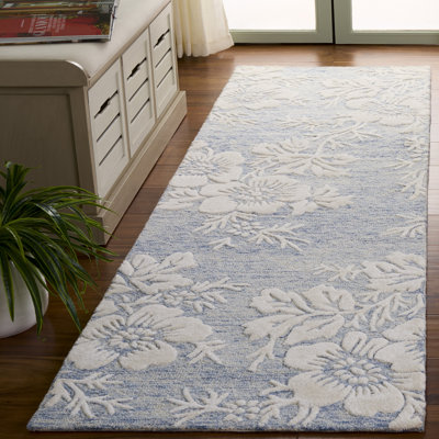 Tapis floral en laine / coton / viscose touffeté à la main Glamour 151 bleu / ivoire