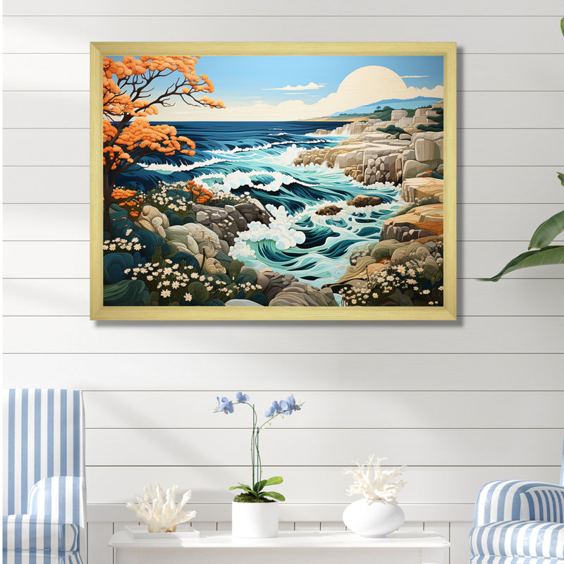 Paysage de plage sauvage III sur toile, Cadre doré à coins fermés, H 24 po x l 32 po x P 1 po