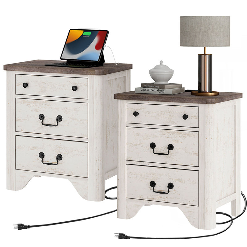 Farmhouse Wood Nightstand With Built-In Charging Station,3-Drawer End Tables For Bedroom, Living Room, Entryway, Set of 2