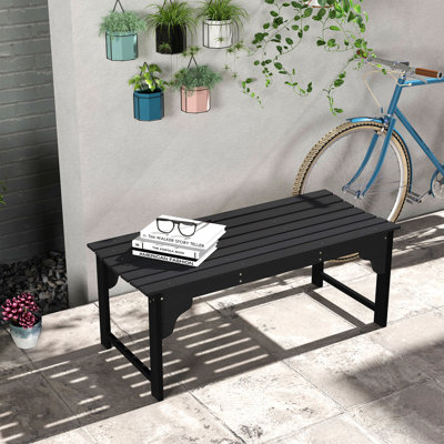 Banc de jardin en bois, banc de parc extérieur avec siège à lattes, banc de véranda sans dossier avec siège incurvé pour véranda, jardin, bord de piscine, terrasse, noir
