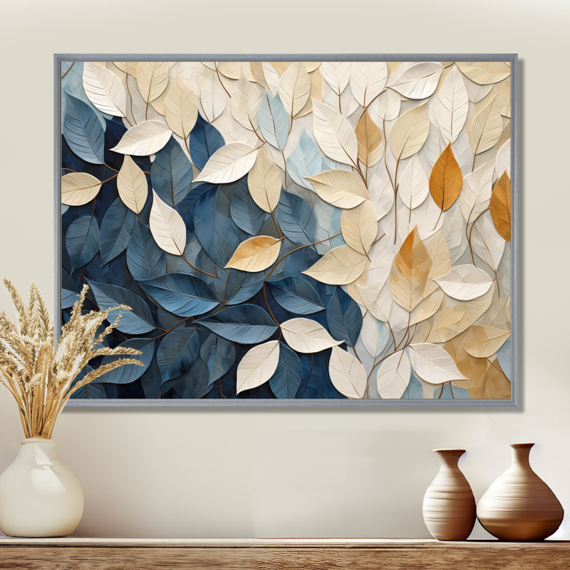Collage de feuilles minimaliste beige et bleu - feuilles, décoration murale, H 34 po x l 44 po x P 1,5 po